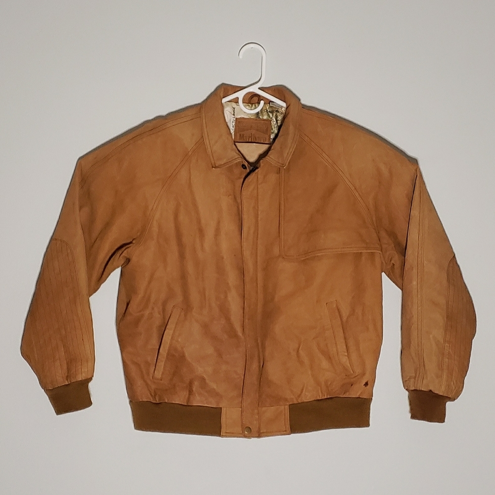 Vintage Marlboro Adventure Team Leather Bomber Flight Jacket Map Lining Mens L